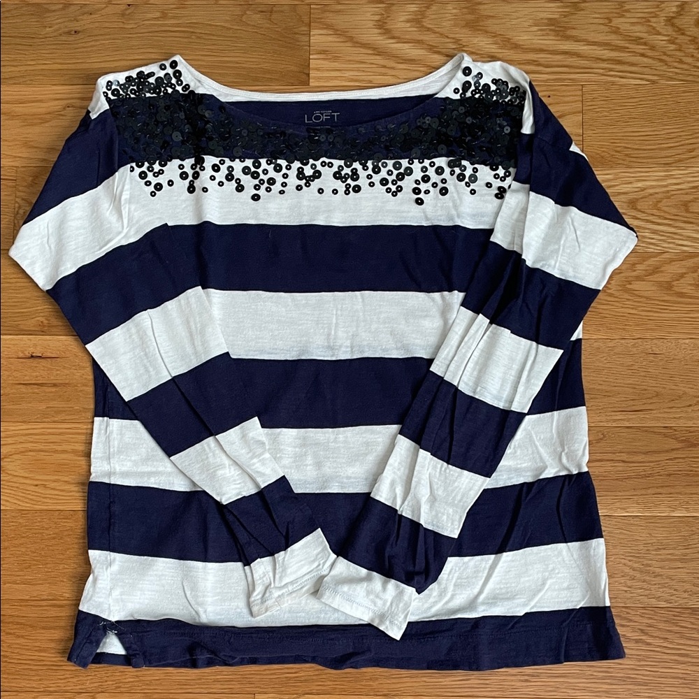LOFT Striped Navy and White Blouse with Sequin Detail